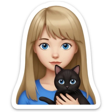 Apple-style emoji sticker of a young woman with long dark blond hair and bang, blue eyes , holding a black and white cat sticker