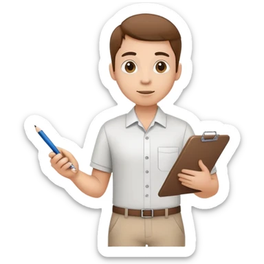 intern or volunteer holding a clipboard and pencil, ready to take notes or assist. The character wears a simple shirt and has an eager posture sticker