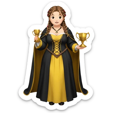 Helga Hufflepuff,brown-haired,2 braids,yellow-black medieval open dress,deep neckline,fat macromastia,black cloak decorated with gold braiding,gold cup with two handles,very kind smile,curvy busty sweet woman,round rosy cheeks,full length with medieval shoes sticker