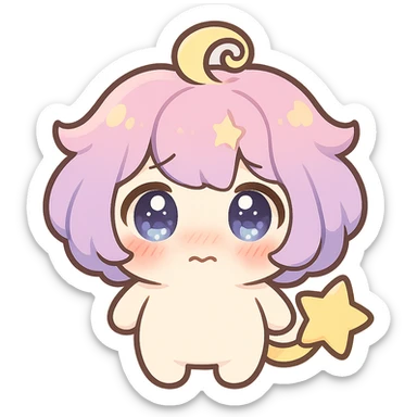 Stella Puff (星星噗噗) kawaii chibi style, front view, shy and blushing expression, big sparkling glassy blue-violet eyes, puffy pastel pink-purple gradient hair with yellow star swirl, creamy white round body, coral pink blush, short arms and legs, soft golden star tail, clean lines, transparent background sticker
