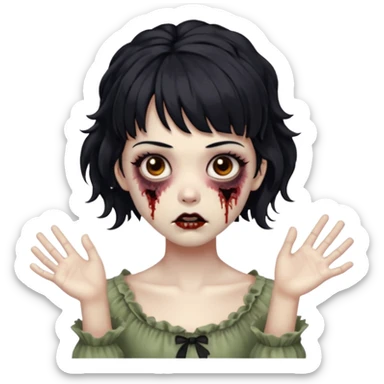 Cabelo ondulado  um pouco cheio e franja curta  Olhos marrons e pequenos e feita d ezumbi mais bonita com cabelo amarro na e com as mãos assim tipo assim🧟‍♀️ sticker