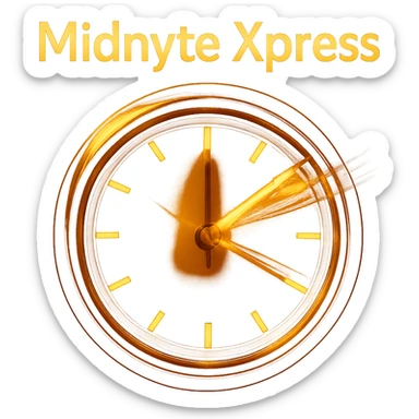 Add a sense of motion to the clock hands with motion blur or dynamic lines, while keeping the glowing effect and realistic style. The text 'Midnyte Xpress' should remain above. Maintain a transparent background. sticker