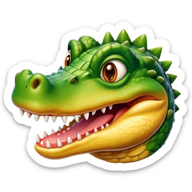 Cinematic Realistic Comical Crocodile Portrait Emoji, Head tilted dramatically with an exaggeratedly amused expression, featuring a striking, glossy scaly hide with bold textures and wide, expressive eyes full of playful disbelief, rendered with vivid natural hues and lifelike detail, high shine, dramatic yet playful, styled with an air of cheeky aquatic mischief, soft glowing outline, capturing the essence of a spirited and over‐the‐top crocodile that looks ready to snap its jaws in a burst of viral wild humor! sticker