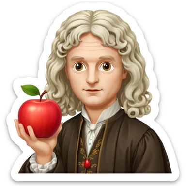 Isaac Newton wearing 17th-century aristocratic attire with long curled periwig, hold an apple sticker