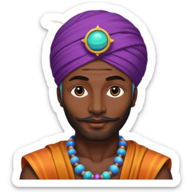 A bold emoji-style illustration with Saturn 🪐 as the dominant element, clearly showing its bright rings. Inside the planet, a stylized man wearing a colorful turban 👳🏾‍♂️, depicted as a mystical or adventurous character, sitting or floating within Saturn, integrated with the planet’s texture. sticker
