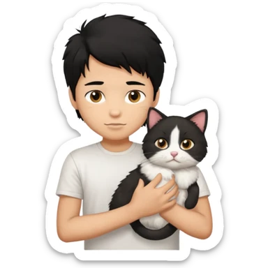 generate a pretty bratz emoji of a boy with black hair wearing a white tshirt and holding a cat  sticker