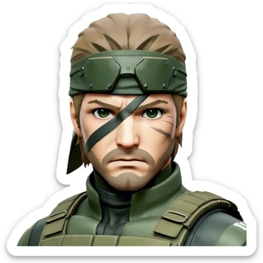 Cinematic Realistic Metal Gear Solid Snake Soldier Portrait, depicted with steely determination and tactical precision. Clad in intricately detailed combat attire in consistent muted greens, browns, and blacks, his rugged, weathered features and piercing eyes exude relentless resolve. Rendered with lifelike texture and dramatic, natural lighting, high shine, noble and stealthy, capturing the essence of a legendary soldier operating in the shadows. sticker