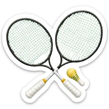 Two crossed badminton rackets with a shuttlecock resting in between, set against the faint outline of a badminton court. The image highlights the tools of the sport, with a subtle emphasis on the court's net and boundaries, symbolizing competition and skill. sticker