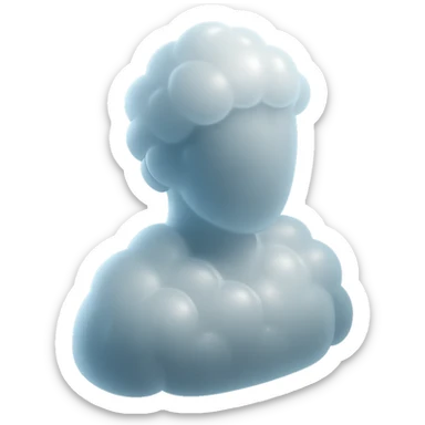 A person from the shoulders up, entirely composed of fluffy white convex clouds, matte glass style. sticker
