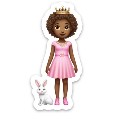 Little girl with a princess crown and wears a cute short pink dress with pink high heels and lots of jewelry and has a pet cute bunny sticker