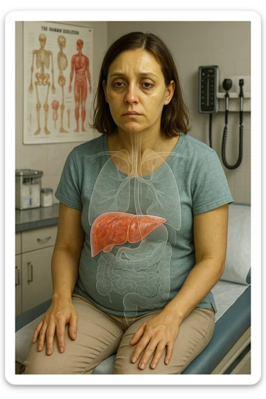 a woman in her 30s sits on a doctor’s examination table, her skin slightly yellowish (jaundice) and her expression tired. A transparent anatomical overlay highlights her liver, which appears enlarged and inflamed with a reddish, congested look. Subtle visual cues—such as dark circles under her eyes and a bloated abdomen—emphasize the symptoms of liver overload and toxicity. The background is a clinical setting, with medical charts and equipment. sticker