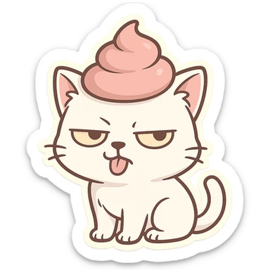 Cat meme, a white cat wearing a pink poop mask with a provocative expression sticker