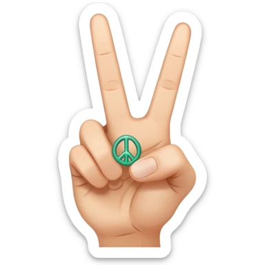The hand shows the peace sign of the little finger and without mint fingers are the eyes, to the right of the hand the peace sign is rotated 45 degrees
Under these signs the letters peace sticker