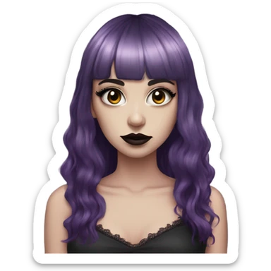 one single alt portrait women, purple hair medium, kinda long hair, short bangs, dark makeup, dark pink lips, gothic detailed slip dress, white skin  sticker