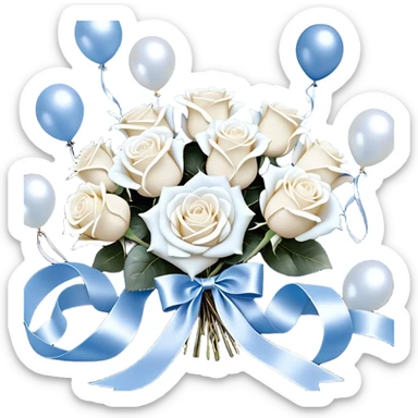 A deep midnight blue velvet background sets the stage for a mesmerizing arrangement of frosty blue and pure white roses, bound together with a delicate pearl-beige ribbon. The ribbon’s edges curl elegantly, as if dancing in an invisible breeze. Floating nearby, metallic pearl balloons in icy silver, misty blue, and opalescent white reflect the ambient glow, creating an ethereal, moonlit atmosphere. Scattered pearl beads and soft candlelight add depth and intimacy to the scene. sticker