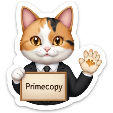 A cat in a black business suit holds a sign with the inscription "PrimeCopy" with one paw and shows a like with the other paw sticker