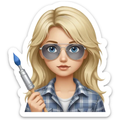 girl with long blond messy hair, wearing grey plaid shirt with blue eyes and aviator sunglasses wearing a ring on her silver necklace, holding a paint brush roller with a small bit of white paint on her face sticker