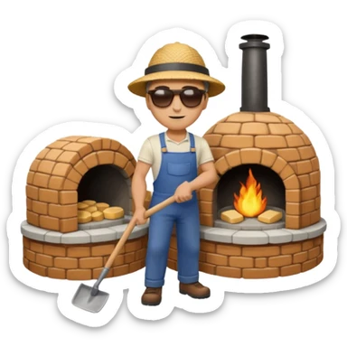man loading shovel into round brick oven three quarters view  sticker