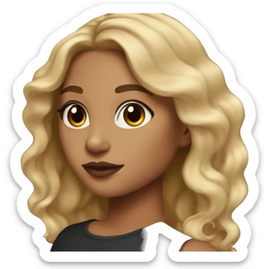 girl with tan skin, winged eyeliner, long dirty blonde wavy hair, and lipstick sticker