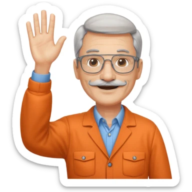 60 yr man with partially gray hair, mustache, light glasses, work clotheswaving hello sticker