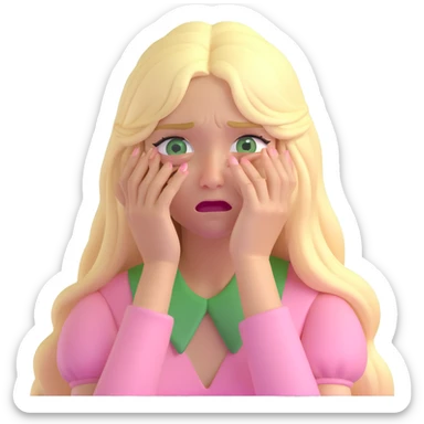 a 3d IOS realistic style emoji of a blonde with long hair and swamp eyes in a pink pastel dress crying sticker