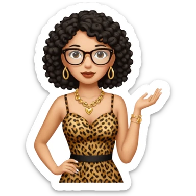 A women who wears glasses with a black curly hair, in a leopard print dress sweetheart neckline  sticker