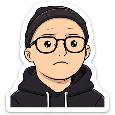 bald white guy wearing glasses, wearing a black beanie, black hoodie, crying sticker