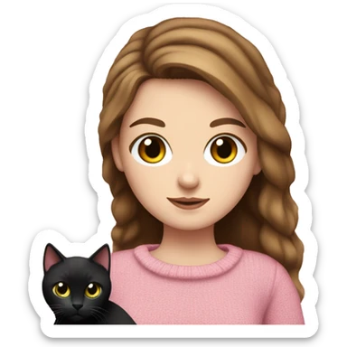 Pretty green eyed white girl with brown hair in a pink sweater holding a black cat sticker