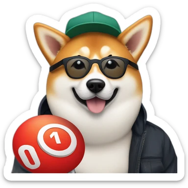 shiba inu dog resting on a man's lap. white man is wearing a black baseball cap with a red circular logo on it, has 5 o'clock shadow, and wearing clear acetate glasses sticker
