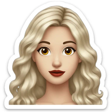 Beautiful young white woman with long brown waved hair brown eyes black eyelashes red lips sticker