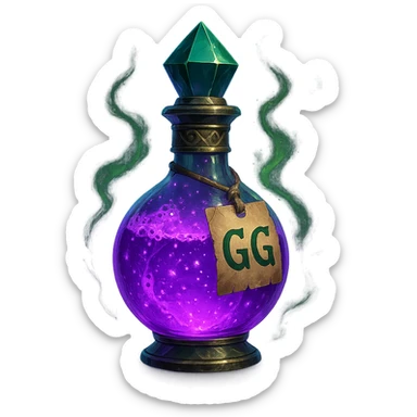 fantasy potion bottle labeled GG, vibrant purple and green, magical aura, glowing, detailed sticker