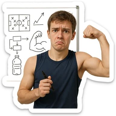 realistic young inexperienced athlete in front of a whiteboard with training schemes and drawn bottles, holding a pen, growing muscles, puzzled expression, realistic details, isolated on white background sticker