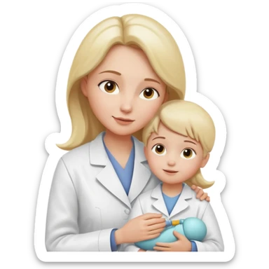 Mostre uma mulher vestida de jaleco branco, atendendo uma criança, expressão leve e detalhamento suave típico de emojis modernos. A cena deve ter um visual limpo, com sombras sutis e contornos suaves, mantendo o estilo cartoon 3D usado em emojis do iOS. Mantendo coerência com o estilo emoji.” sticker