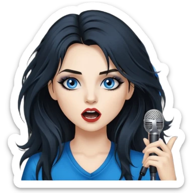 
 rockstar girl with long black disheveled hair, blue eyes, Smokey eyes grunge makeup, singing  sticker