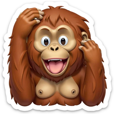 Cinematic Cute Yawning Orangutan Portrait Emoji, Head tilted slightly with a dramatic, wide-open yawn, showcasing a richly textured face with half-closed, sleepy eyes and a relaxed, open expression, Simplified yet irresistibly adorable features, highly detailed, glowing with a soft, cozy jungle glow, high shine, relaxed yet expressive, stylized with a dash of whimsical charm, soft glowing outline, capturing the essence of a drowsy yet affectionate guardian that appears ready to stretch out for a nap! sticker