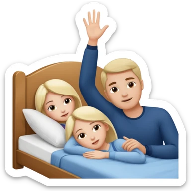 A bed with a girl laying down and a man putting his hand up. sticker