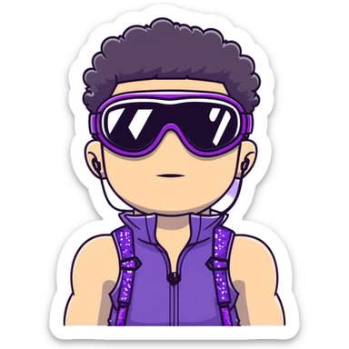 male athlete with white skin and moderately curly black hair on top with shaved sides, wearing ski goggles with purple frames and very dark black lenses, a simple plain black chain necklace, and a completely unzipped sleeveless vest with purple and black sequin fire pattern design, fully revealing his chest, shoulders and arms, no earrings sticker