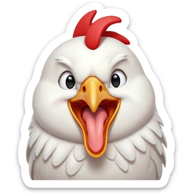 Cinematic Cute Yawning White Chicken Portrait Emoji, Head tilted slightly with a dramatic, wide-open yawn, showcasing a soft, fluffy white plumage with a crisp red comb and drooping wings, round beady eyes barely open in drowsy contentment, Simplified yet irresistibly adorable features, highly detailed, glowing with a soft, cozy glow, high shine, relaxed yet expressive, stylized with a touch of whimsy, bright and endearing, soft glowing outline, capturing the essence of a sleepy yet affectionate chicken, so drowsy it feels like it could stretch out of the screen and curl up for a nap! sticker