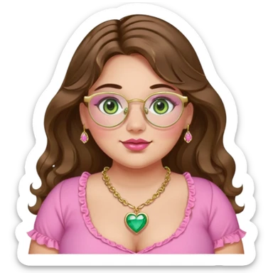 Girl long wavy brown hair with middle part. green gold eyes, plus size, pink frilly top,  gold nose ring, small pink heart crystal necklace. Gold rimmed glasses sticker