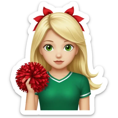 Girl with long blonde hair and green eyes holding red pom poms cheerleader sticker