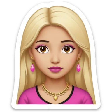 Sweet Indian girl blond long hair darkbrowm eyes brown/pink lipstick pink blush black top gold earrings brown eyebrows  sticker