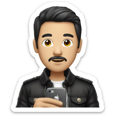 east asian man with mustatche wearing black leather jacket is holding phone sticker