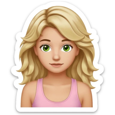 ca you make her hair a 20-year-old girl with long wavy hair brown roots blonde highlights green eyes brown eyebrows good summer tan iPhone emoji style with light pink tank top can you make her hair a little longer please sticker