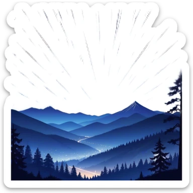 A mesmerizing night sky filled with falling stars, streaking across the dark expanse in bright trails of light. The sky is deep indigo, dotted with distant stars, while the shooting stars create a sense of magic and wonder. The landscape below is tranquil, with silhouettes of trees and mountains, adding to the peaceful, celestial atmosphere. Some of the falling stars are bright and large, while others are smaller, creating a dynamic, sparkling effect in the night sticker