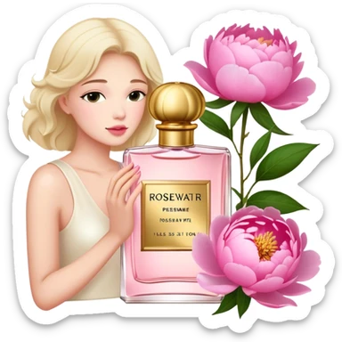 A delicate glass bottle of rosewater perfume with gold details beside lush pink peonies. Soft light enhances the romance, while a dark red velvet backdrop adds vintage glamour."
 sticker
