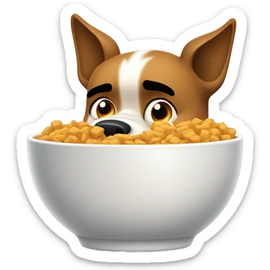 An angry dog with furrowed brows, aggressively eating from a bowl of food. Its ears are perked up in frustration, and it’s baring its teeth slightly while chomping down. The food bowl is tipped slightly as the dog devours the food with visible intensity. sticker