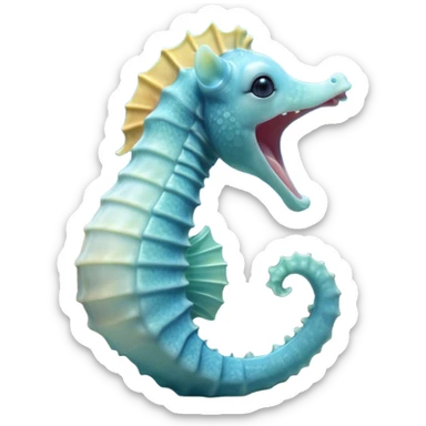 Cinematic Cute Yawning Sea Horse Portrait Emoji, Head tilted slightly with a dramatic, wide-open yawn, showcasing a slender, gracefully curved body with a softly drooping tail and sleepy, half-closed eyes, Simplified yet irresistibly adorable features, highly detailed, glowing with a soft, cozy aquatic glow, high shine, relaxed yet expressive, stylized with a dash of whimsical marine charm, soft glowing outline, capturing the essence of a drowsy yet affectionate sea horse that appears ready to stretch out for a nap! sticker