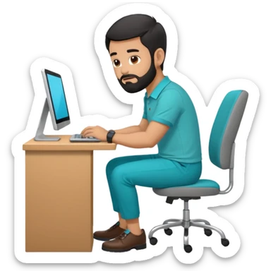 man with black short male hair and black hair and beard and hes in a office with his grey backpack on the floor and he has a tourquose polo shrit with gre dress pants and hes working at a hotel  hes on the co,ptuer  at his desk and he inly has one backpack its on the floo sticker