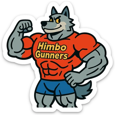 extremely buff wolf furry with oversized muscles, wearing a t-shirt with 'Himbo gunners', standing confidently sticker