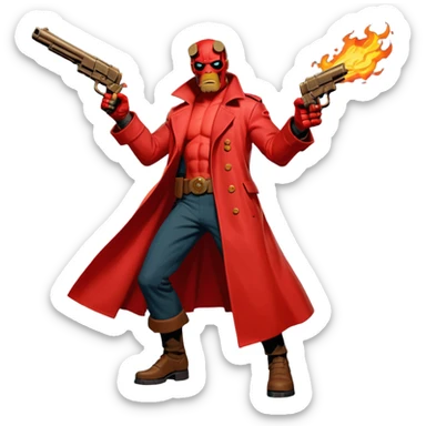 cinematic realistic superhero Hellboy by Mike Mignola jumps and shoots with a bronze pistol sticker